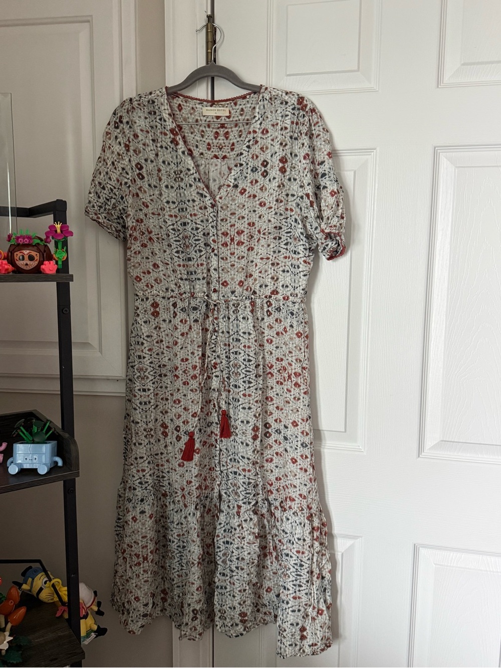 MAISON HOTEL Boho Printed Midi Dress XL Rust Black White Button Front Tie Waist